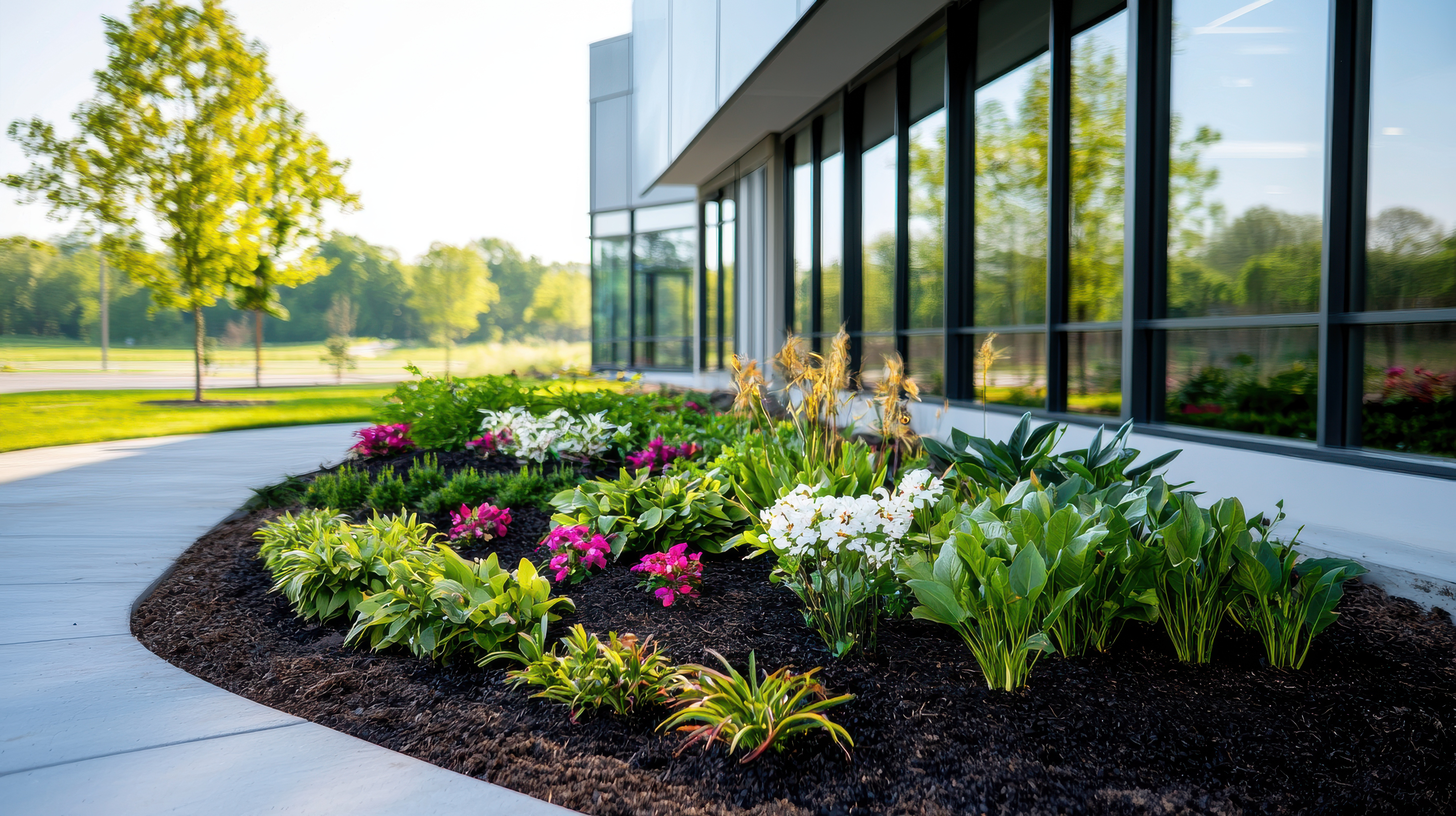 Commercial landscape with fresh mulch and seasonal flowers Chattanooga